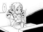  :t cup disposable_cup drill_hair drink eating food greyscale hair_ornament hamburger kusano_houki lonely mahou_shoujo_madoka_magica monochrome school_uniform shadow solo tomoe_mami translated twin_drills twintails 