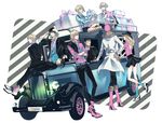  6+boys alternate_costume antonio_lopez barnaby_brooks_jr belt blonde_hair brown_eyes brown_hair cabbie_hat car facial_hair formal fur_collar gift glasses green_eyes ground_vehicle hat highres huang_baoling ivan_karelin kaburagi_t_kotetsu karina_lyle keith_goodman map motor_vehicle multiple_boys multiple_girls nathan_seymour necktie short_hair skirt smile stubble studded_belt suit tiger_&amp;_bunny vest yasuhiro 