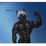  anthro black black_fur black_nose bulge canine flexing fur green_eyes grey_hair hair male mammal muscles nipples nude pose solo wolf zwolf zwolf_(character) 