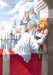  bad_id bad_pixiv_id bare_shoulders bird blonde_hair building castle cloud copyright_request day dress eurasian_tree_sparrow fence flower highres rose sho_(gohan) sitting sky solo sparrow sunlight tiara white_dress window 