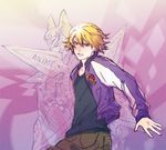  blonde_hair dual_persona helmet ivan_karelin jacket letterman_jacket lotte28 male_focus multiple_boys origami_cyclone product_placement purple_eyes purple_jacket shuriken superhero tiger_&amp;_bunny 