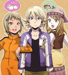  bad_id bad_pixiv_id baozi bare_shoulders blonde_hair bodysuit brown_eyes bruce_lee's_jumpsuit cake cropped_jacket detached_sleeves dress food green_eyes hair_ornament hana8877 hat huang_baoling ivan_karelin jacket karina_lyle letterman_jacket long_hair multiple_girls orange_bodysuit purple_eyes purple_jacket short_hair sleeveless sleeveless_dress speech_bubble tiger_&amp;_bunny 