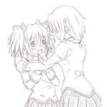  against_wall back bad_id bad_pixiv_id banned_artist blush gonzaburou hair_ornament hairclip kaname_madoka mahou_shoujo_madoka_magica miki_sayaka monochrome multiple_girls ribbon school school_uniform short_hair short_twintails twintails yuri 