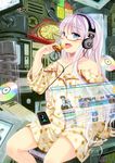  blue_eyes blush cd digital_media_player eating floating_screen food glasses hachimoku headphones holding_pizza lavender_hair long_hair monitor off_shoulder original pajamas pizza sitting solo tongue 