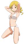  a1 armpits arms_up barefoot bikini blonde_hair blush breasts cleavage drill_hair full_body kneeling mahou_shoujo_madoka_magica medium_breasts navel o-ring o-ring_bikini o-ring_bottom o-ring_top simple_background smile solo swimsuit tomoe_mami twin_drills twintails yellow_eyes 
