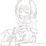  bad_id bad_pixiv_id banned_artist bow closed_eyes gonzaburou hair_ribbon kaname_madoka lap_pillow mahou_shoujo_madoka_magica miki_sayaka monochrome multiple_girls ribbon school_uniform short_hair short_twintails sleeping twintails 