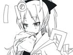  blush bow comic eating food greyscale hair_bow hamburger kusano_houki long_hair mahou_shoujo_madoka_magica monochrome ponytail sakura_kyouko solo 