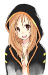  breasts brown_hair cleavage desuka face hood hoodie long_hair medium_breasts no_bra registry_booster smile solo ushiki_yoshitaka 