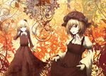  aki_minoriko aki_shizuha autumn dress eruza food fruit grapes hair_ornament hat leaf multiple_girls plant siblings sisters skirt_hold touhou 