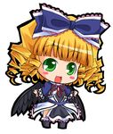  :d black_wings blonde_hair blush_stickers bow chibi cosplay drill_hair green_eyes hina_ichigo kamyu kamyu_(cosplay) lowres open_mouth rozen_maiden smile solo suntail utawareru_mono wings 