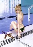 absurdres aqua_eyes artoria_pendragon_(all) ass back bare_back bikini black_bikini blonde_hair bow breast_suppress caliburn drain_(object) fate/stay_night fate/unlimited_codes fate_(series) from_behind hair_bow highres jiemaowanwan looking_at_viewer looking_back pool pool_ladder poolside reflection refraction saber saber_lily side-tie_bikini sitting soaking_feet solo swimsuit sword untied water weapon 