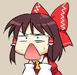  :&lt; bow chibi hair_bow hakurei_reimu jaw_drop open_mouth ribbon solo surprised sweatdrop takadoya touhou 