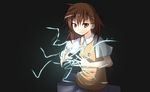  baram biribiri brown_eyes brown_hair electricity hair_ornament hairclip misaka_mikoto school_uniform short_hair solo sweater_vest to_aru_kagaku_no_railgun to_aru_majutsu_no_index 