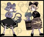  animal_ears basket blonde_hair bucket green_eyes green_hair grey_hair in_bucket in_container kisume kurodani_yamame mouse mouse_ears mouse_tail multiple_girls nazrin red_eyes shope tail touhou 