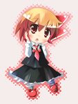  1girl bad_id bad_pixiv_id blonde_hair blush bow chibi dress hair_bow highres necktie open_mouth red_eyes red_neckwear rumia short_hair solo touhou 