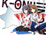  black_hair boots brown_eyes brown_hair casual denim earrings food fruit gochou_(atemonai_heya) highres hirasawa_yui jeans jewelry k-on! listen!! long_hair multiple_girls nakano_azusa pants pantyhose polka_dot revision shoes short_hair side_ponytail skirt sneakers strawberry 