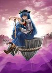  bird blue_hair food fruit hat hinanawi_tenshi keystone leaf long_hair peach red_eyes rope shimenawa sinzire sitting solo sword sword_of_hisou touhou weapon 