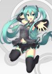  aqua_hair bad_id bad_pixiv_id blue_eyes detached_sleeves garuku hatsune_miku headset highres kneeling legs long_hair necktie open_mouth outstretched_arm outstretched_hand panties pantyshot reaching skirt solo thighhighs twintails underwear very_long_hair vocaloid 