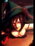  :p black_hair breasts cape cleavage elbow_gloves gloves hat jewelry large_breasts long_hair original red_eyes ring solo starcrown strap_slip tongue tongue_out witch_hat 