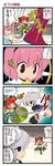  4koma apron bell bell_collar bow braid collar comic crowd dei_shirou dress fang giantess hair_bow highres izayoi_sakuya kaenbyou_rin kneeling komeiji_satori maid_headdress multiple_girls portable_barricade touhou translated twin_braids 