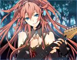  bad_id bad_pixiv_id blue_eyes elbow_gloves fingerless_gloves gloves guitar headphones instrument long_hair manyako_(mohumohu) megurine_luka red_hair smile solo vocaloid 