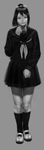  absurdres bad_id bad_pixiv_id copyright_request cozy grey_background greyscale highres monochrome ponytail school_uniform serafuku short_hair smile solo 