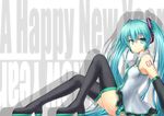  arm_support bad_id bad_pixiv_id blue_eyes blue_hair boots detached_sleeves garuku hatsune_miku headset legs long_hair new_year sitting skirt smile solo thigh_boots thighhighs twintails very_long_hair vocaloid 