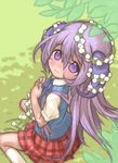  bad_id bad_pixiv_id from_above gyokuto hanyuu head_wreath higurashi_no_naku_koro_ni kneehighs long_hair looking_up purple_eyes purple_hair school_uniform sitting skirt socks solo sweater_vest 