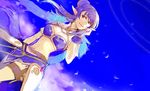  bad_id bad_pixiv_id blue_background blue_hair breasts day elf gloves judith koku_666 long_hair medium_breasts midriff navel pointy_ears ponytail purple_eyes sky smile solo tales_of_(series) tales_of_vesperia white_gloves 