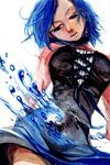  bare_shoulders blue_eyes blue_hair breasts choker corset dress fairy_tail flog001 from_below highres juvia_lockser large_breasts short_hair sleeveless solo traditional_media water 