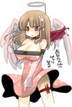  bad_id bad_pixiv_id breasts brown_hair cleavage dress elbow_gloves empty_eyes fake_halo food gloves hair_ornament halo large_breasts long_hair original pocky pointing polka_dot solo strapless strapless_dress thigh_strap toki_ai wings 