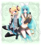  aqua_eyes aqua_hair blonde_hair blue_eyes boots cosplay costume_switch hatsune_miku hatsune_miku_(cosplay) highres kagamine_rin kagamine_rin_(cosplay) long_hair microphone multiple_girls navel one_eye_closed sakuragi_mikan shorts thigh_boots thighhighs very_long_hair vocaloid zettai_ryouiki 