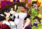  black_hair breast_press breasts brown_hair camera cellphone checkered checkered_skirt cross-laced_footwear geta grin hat himekaidou_hatate kieyza medium_breasts multiple_girls phone pointy_ears red_eyes ribbon shameimaru_aya skirt smile symmetrical_docking tengu-geta tokin_hat touhou twintails yellow_eyes 