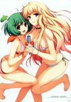  absurdres bare_shoulders barefoot bikini blonde_hair blue_eyes breasts choker cleavage earrings feet green_hair highres huge_filesize jewelry large_breasts long_hair looking_at_viewer macross macross_frontier microphone multiple_girls open_mouth parted_lips ranka_lee red_eyes sheryl_nome shiny shiny_skin side-tie_bikini small_breasts smile swimsuit tomose_shunsaku wireless 