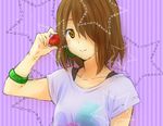  arisama_(dango) bad_id bad_pixiv_id brown_hair earrings food fruit hair_over_one_eye hirasawa_yui holding holding_food holding_fruit jewelry k-on! listen!! solo star strawberry 