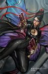  bayonetta bayonetta_(character) black_hair blue_eyes bodysuit breasts bug butterfly butterfly_wings cleavage cleavage_cutout dual_wielding earrings eyeshadow glasses gun handgun holding insect jewelry large_breasts lips lipstick long_hair makeup mole mole_under_mouth ribbon siya_oum skin_tight weapon wings 