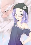  1girl alternate_costume bespectacled casual cloud contemporary glasses kumoi_ichirin lavender_hair off_shoulder ogami_kazuki purple_eyes red-framed_eyewear short_hair touhou unzan 