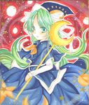  blue_capelet capelet crescent green_eyes green_hair hat hat_ribbon long_hair marker_(medium) mima mizame ribbon shikishi solo staff star touhou traditional_media wizard_hat 