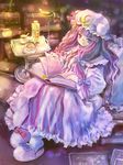  book chikin hat long_hair patchouli_knowledge purple_eyes purple_hair slippers solo tea touhou 