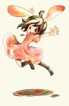  animal_ears brown_eyes brown_hair bunny_ears carrot carrot_necklace deko inaba_tewi jewelry jumping necklace open_mouth pendant short_hair smile socks solo touhou traditional_media watercolor_(medium) 