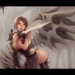  breasts brown_hair fantasy large_breasts lips loincloth original red_eyes shimizu_(ryouta) short_hair solo sword tattoo thighhighs weapon wings 
