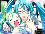  :p akanbe aqua_eyes aqua_hair aqua_nails chaining_intention_(vocaloid) glasses hachune_miku hatsune_miku highres long_hair looking_at_viewer multiple_girls nail_polish spring_onion tel-o tongue tongue_out twintails vocaloid vocaloid_(lat-type_ver) 