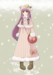  bow coat eeyasu hair_bow hat long_hair mittens patchouli_knowledge pigeon-toed purple_eyes purple_hair ribbon snow solo touhou winter winter_clothes 