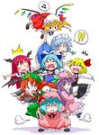  /\/\/\ 6+girls angry aono3 chibi cirno flandre_scarlet fume hat highres hong_meiling human_tower izayoi_sakuya koakuma multiple_girls musical_note open_mouth patchouli_knowledge remilia_scarlet ribbon rumia simple_background stacking the_embodiment_of_scarlet_devil touhou white_background 