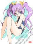  amraam120c barefoot blue_eyes blush competition_swimsuit covering embarrassed feet fictional_persona hands long_hair one-piece_swimsuit original purple_hair self-portrait solo swimsuit translation_request twintails 