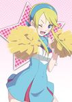  blonde_hair blue_eyes cheerleader errant hairband heroman lina_davis one_eye_closed open_mouth pom_poms solo 