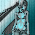  88_(488) aqua bikini_top breasts hands_in_pockets hatsune_miku long_hair monochrome navel profile small_breasts solo twintails unzipped very_long_hair vocaloid 