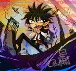  aircraft airplane alternate_hairstyle black_hair city earrings eyeshield_21 fangs hiruma_youichi jewelry male_focus messy_hair necktie oshoshi pointy_ears school_uniform solo spiked_hair suitcase walking yawning 