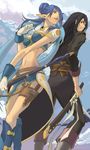  1girl bad_id bad_pixiv_id black_hair blue_background blue_footwear blue_hair boots breasts elf gloves judith knee_boots knife long_hair ma-1223 medium_breasts midriff navel pointy_ears smile tales_of_(series) tales_of_vesperia weapon yuri_lowell 