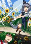  aka-kabuto_no_gema boots cross-laced_footwear field flower flower_field gardening ghost gloves green_eyes green_hair hair_over_one_eye hairband hedge_trimmer kazami_yuuka konpaku_youmu konpaku_youmu_(ghost) lace-up_boots light_trail multiple_girls one_eye_closed petals plaid plaid_vest shaded_face short_hair silver_hair sunflower touhou vest 